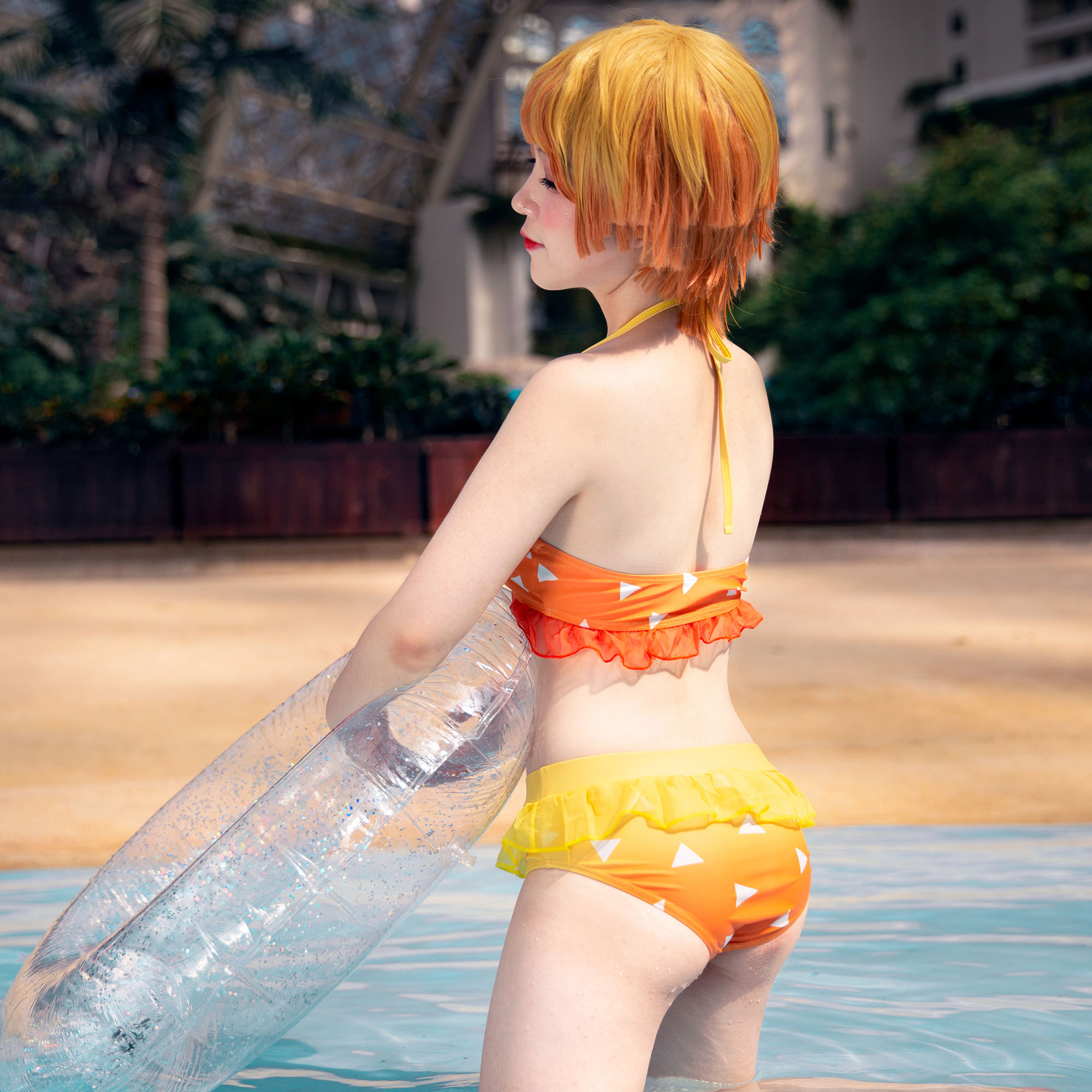 Women Halter Ruffled Bikini Set Triangle Pattern Lace Up Anime Swimsuit Two- piece Bathing Suit Beach 